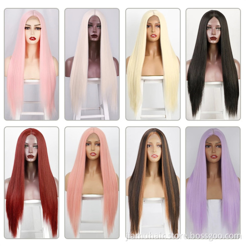 Synthetic Cosplay Wig Long Straight Middle Part Hair Blonde Pink Black Heat Resistant Fiber Long Hair Wigs